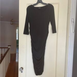 Fitted Sexy Ruched Black Dress Bodycon Asymmetrical Neckline